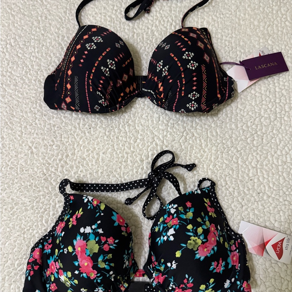 Lascana Black Floral & Pattern Push-Up Bikini Tops - Black